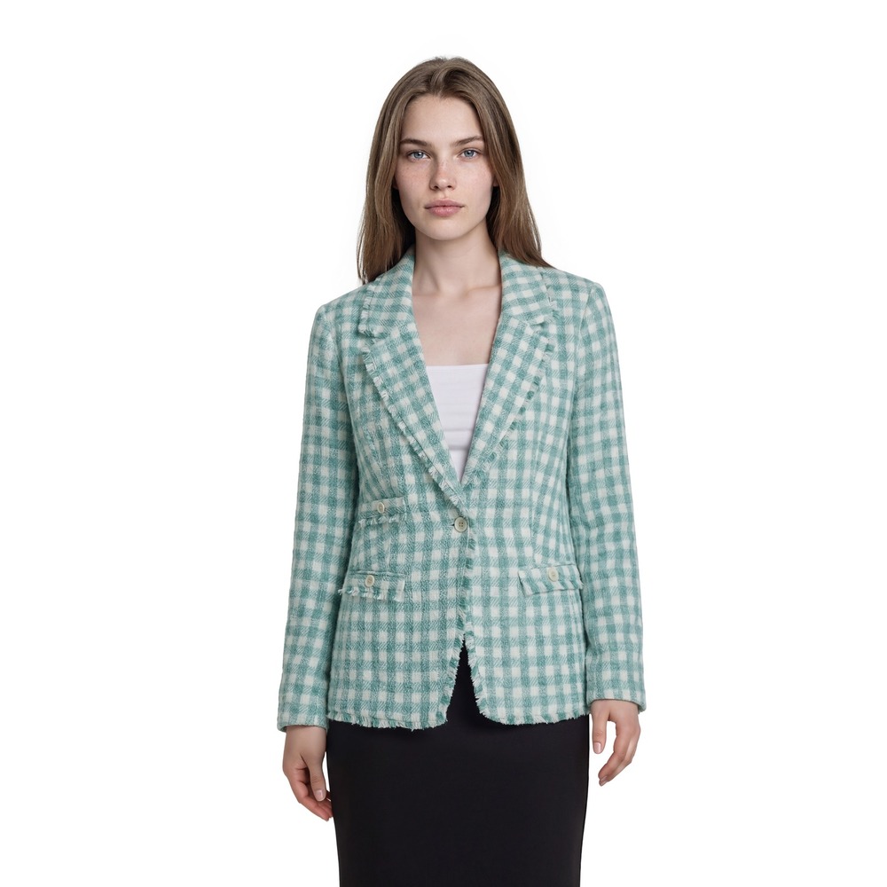 NEW CeCe Gingham Tweed Blazer Women's Size 10 Green White Frayed Fringe Jacket